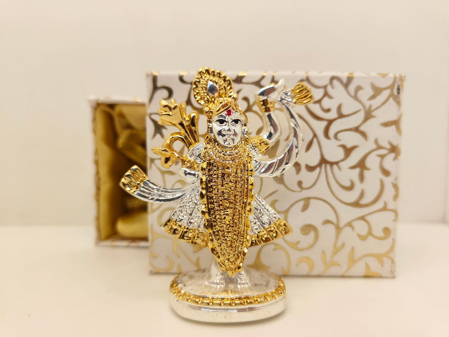 Gold and Silver Plated Shrinathji: Divine Radiance in Gold and Silver (3.25 Inches)