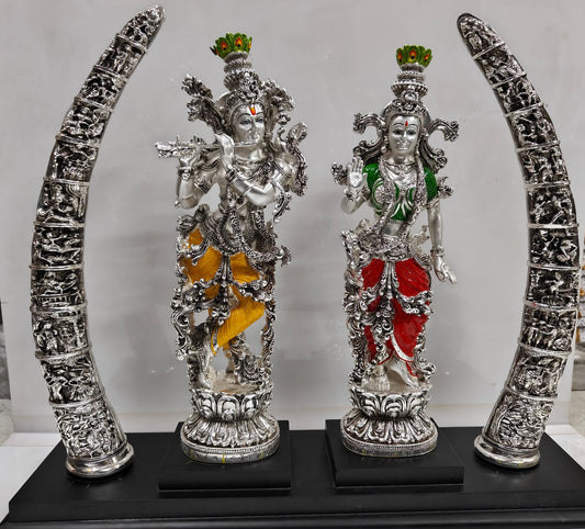 Premium Radha Krishna: Silver Plated Matt Finish with Antique Touch (17 Inches)