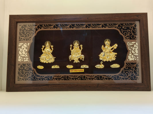 Divine Trio: 24K Gold Plated Laxmi Ganpati Saraswati Frame