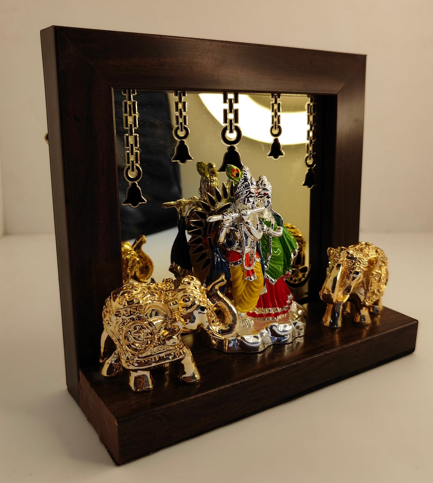 Silver Plated Radha Krishna with Gold Plated Elephant Temple: Divine Harmony