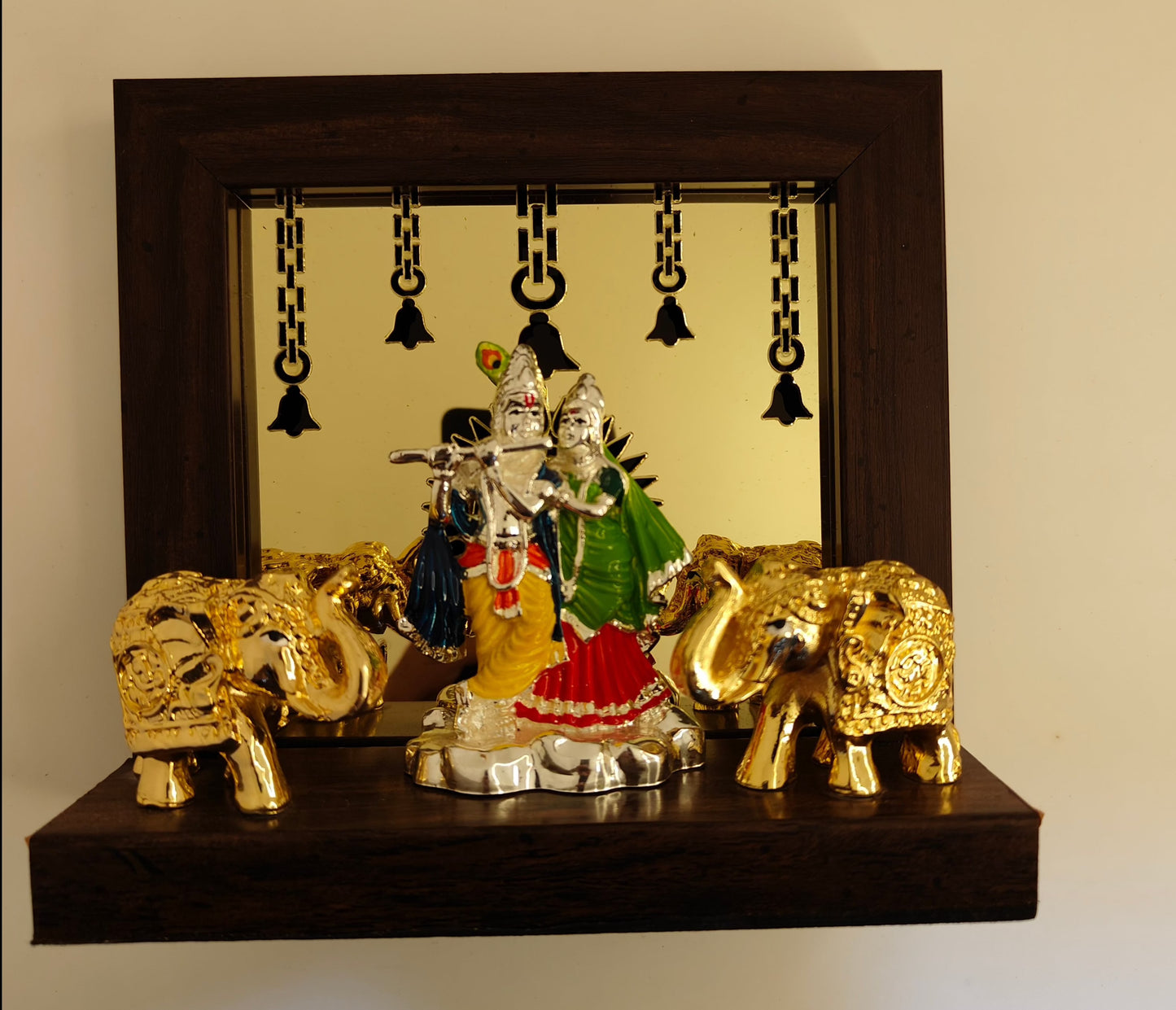 Silver Plated Radha Krishna with Gold Plated Elephant Temple: Divine Harmony