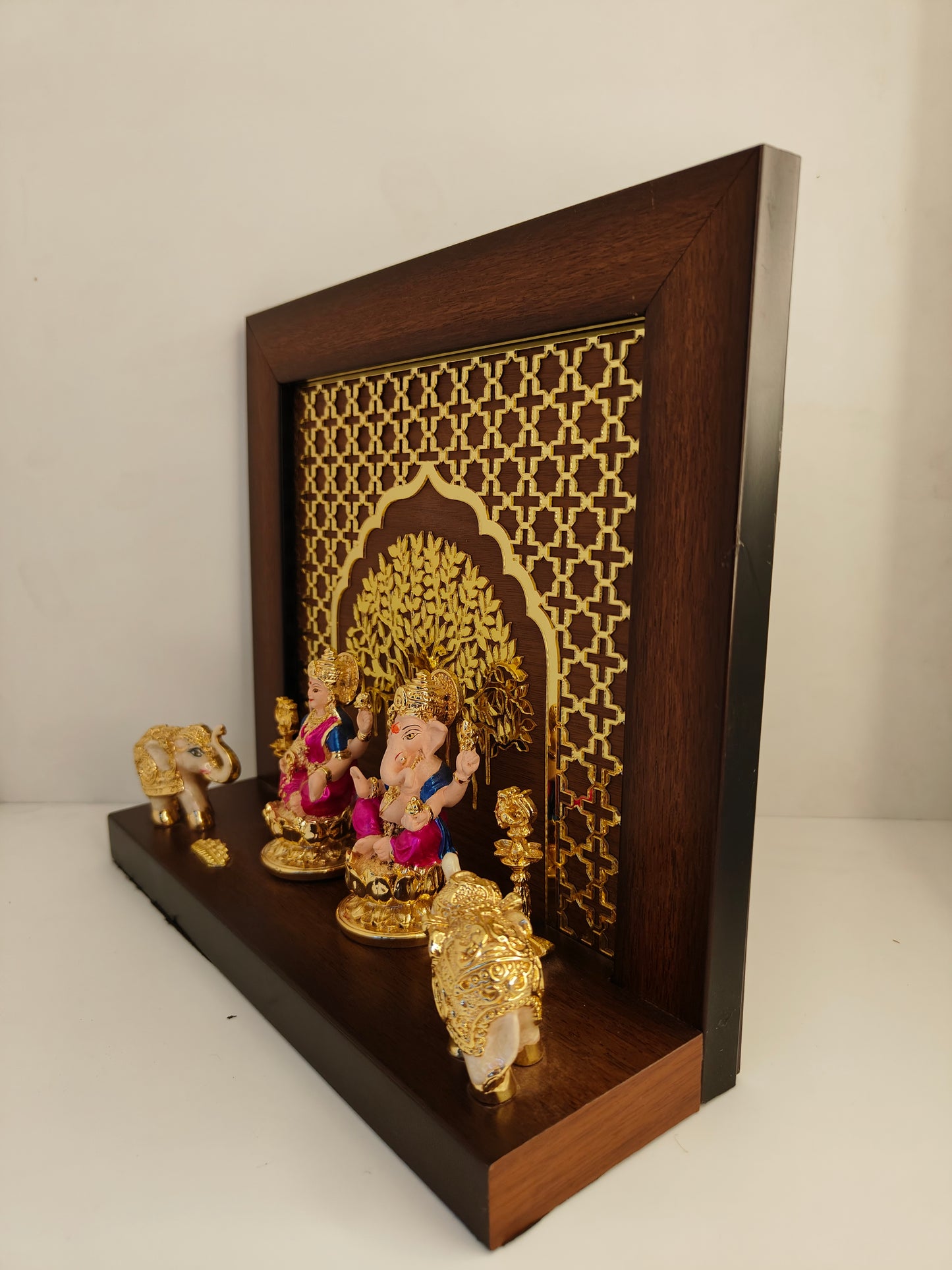 Gold Plated Laxmi Ganpati Set: Elephant Glass Meena Work Temple (9.10 Inches)