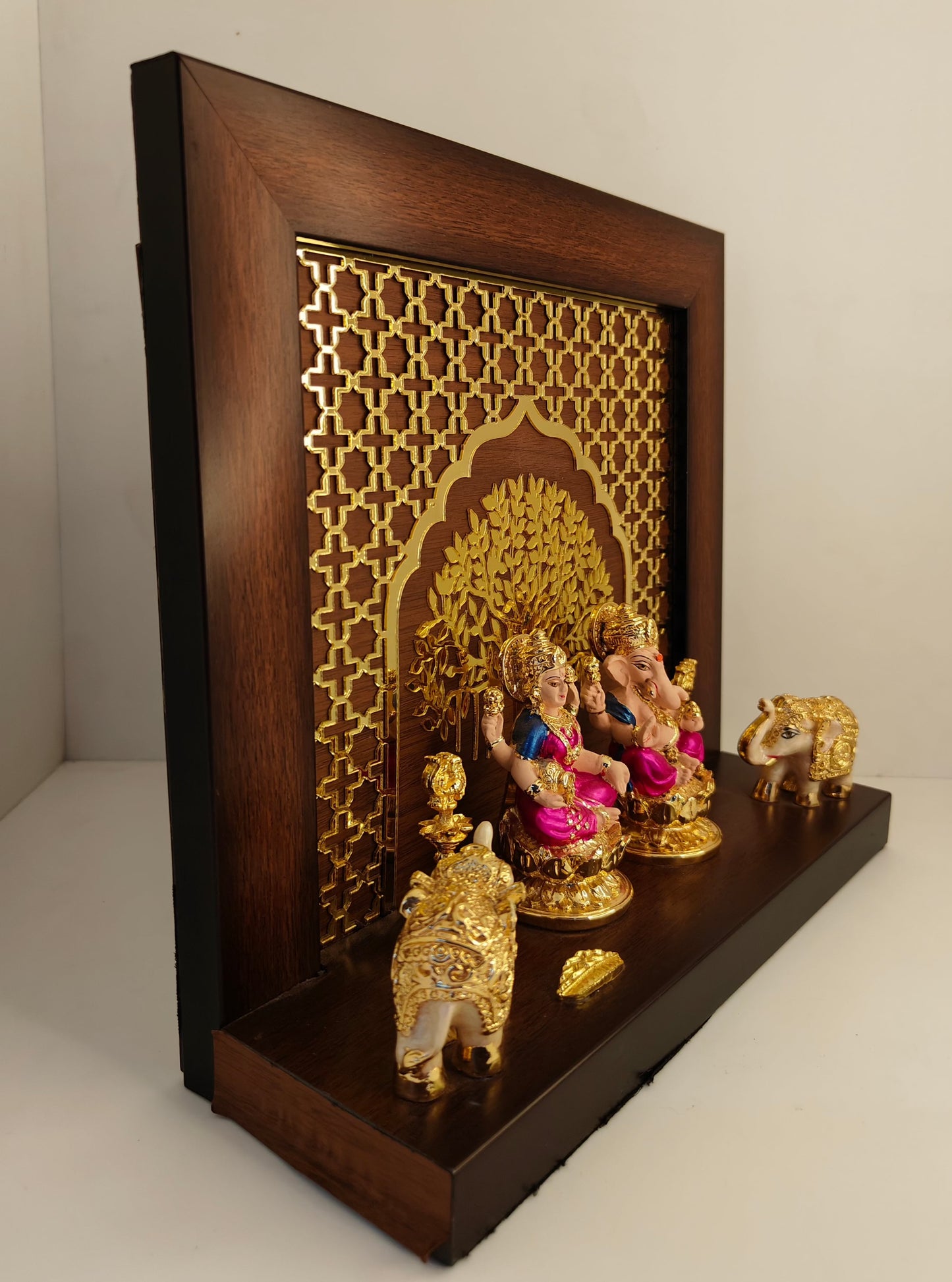 Gold Plated Laxmi Ganpati Set: Elephant Glass Meena Work Temple (9.10 Inches)