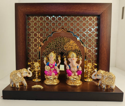 Gold Plated Laxmi Ganpati Set: Elephant Glass Meena Work Temple (9.10 Inches)