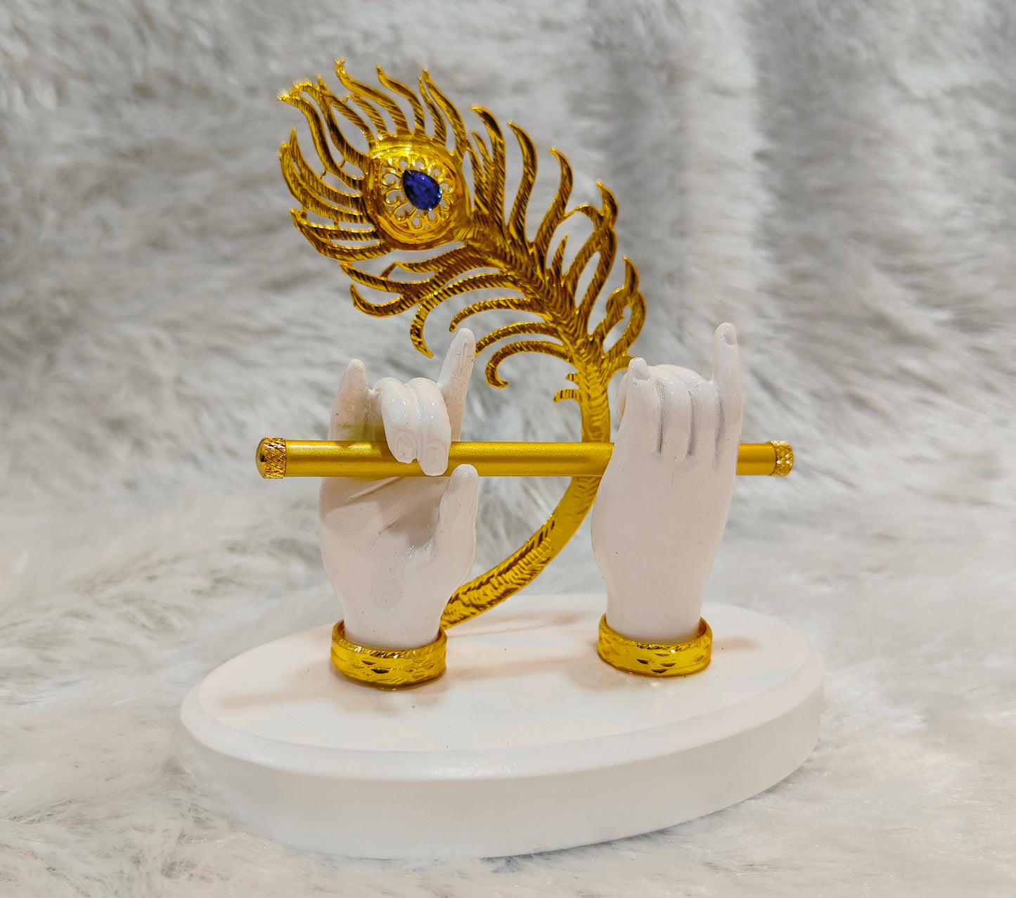 Gold Plated Krishna Ji Hands with Flute Figurine White 4.5 CM