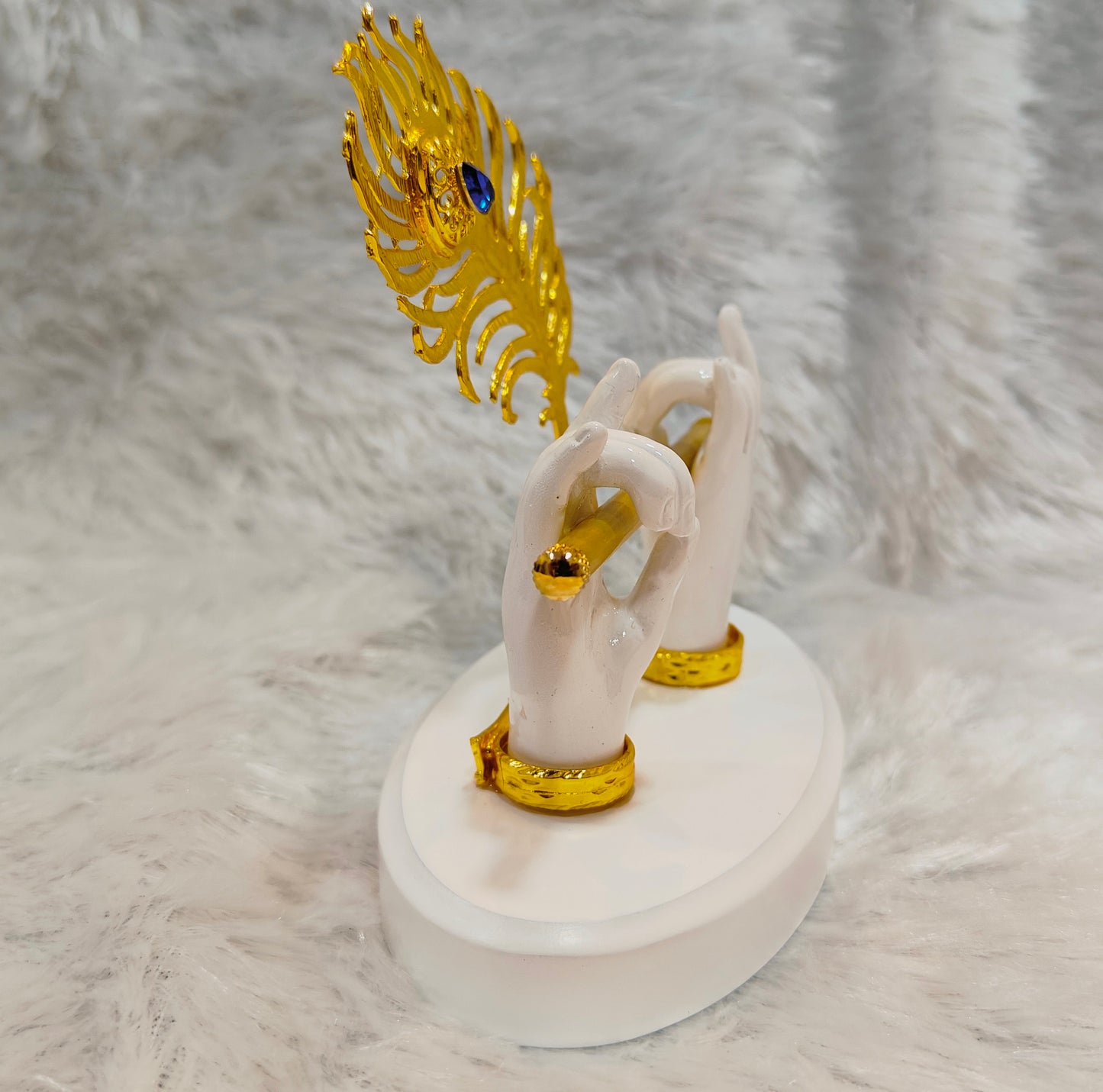 Gold Plated Krishna Ji Hands with Flute Figurine White 4.5 CM