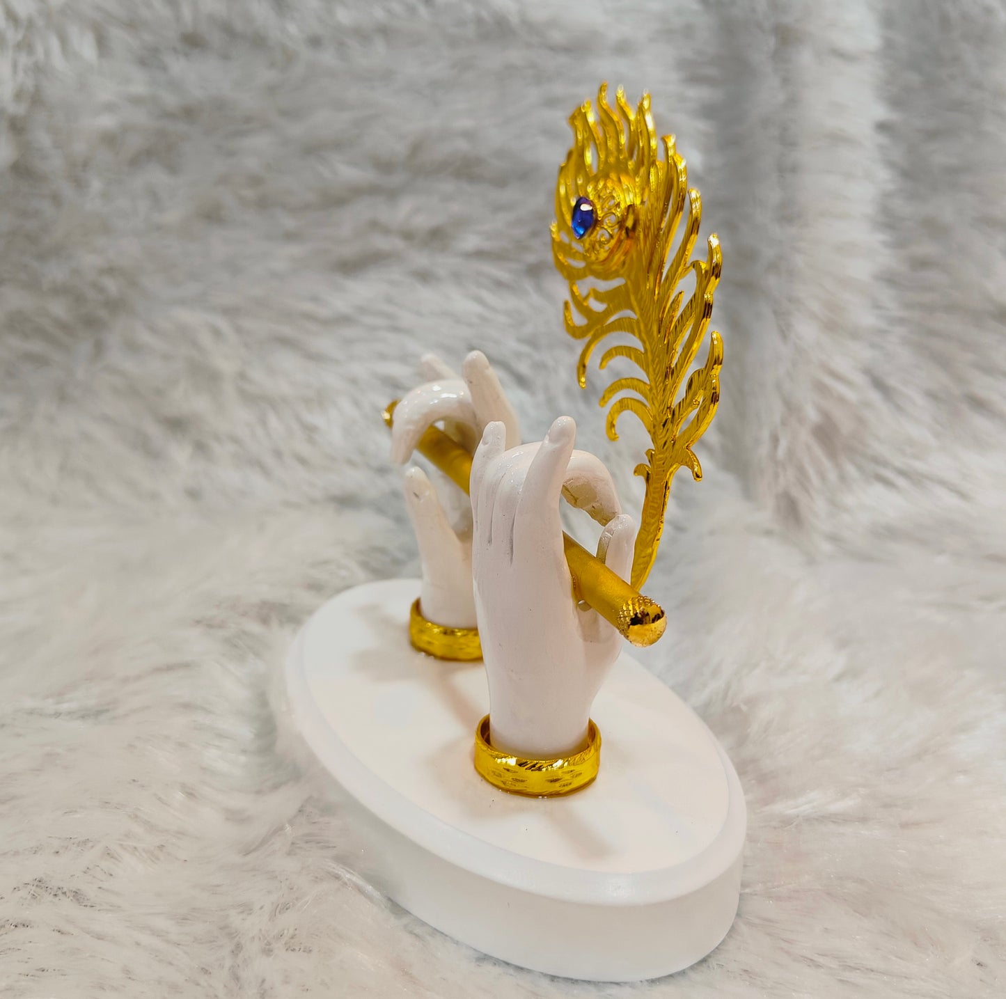 Gold Plated Krishna Ji Hands with Flute Figurine White 4.5 CM