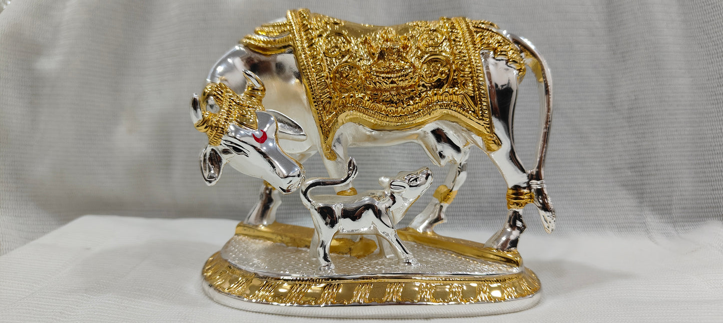 Premium Quality Gold and Silver Plated Kamdhenu Cow Calf 5*6 Inch