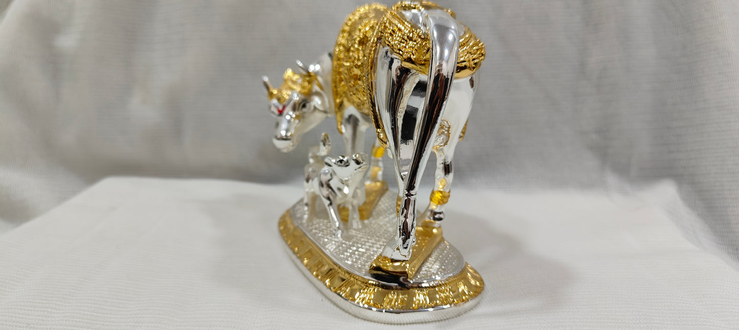 Premium Quality Gold and Silver Plated Kamdhenu Cow Calf 5*6 Inch