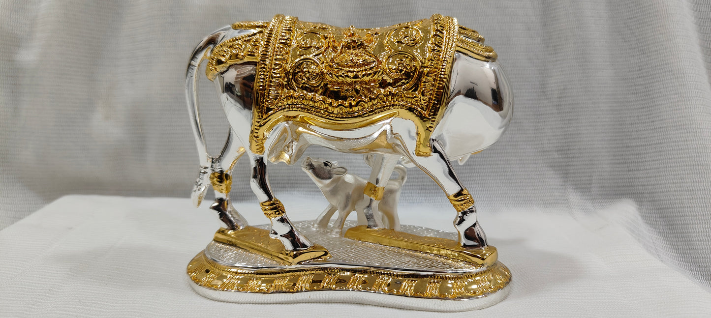 Premium Quality Gold and Silver Plated Kamdhenu Cow Calf 5*6 Inch