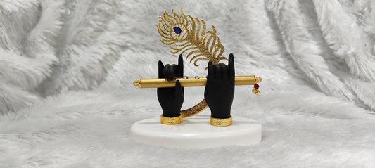 Divine Gold-Plated Krishna Ji Hands with Flute Figurine in Black Edition 4.25 inch