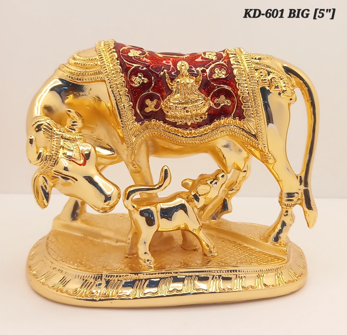 Premium Quality Gold Plated Kamdhenu Cow Calf with Meena Work 5 Inch