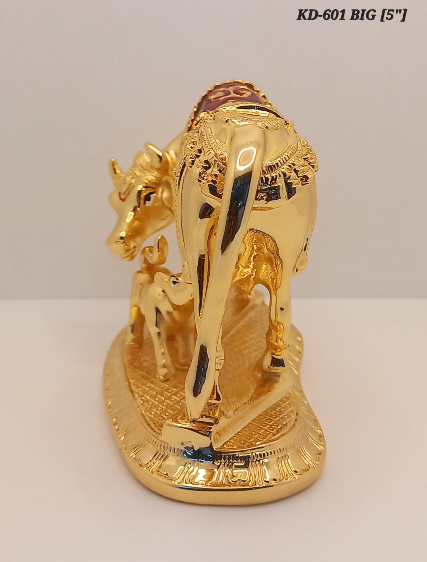 Premium Quality Gold Plated Kamdhenu Cow Calf with Meena Work 5 Inch