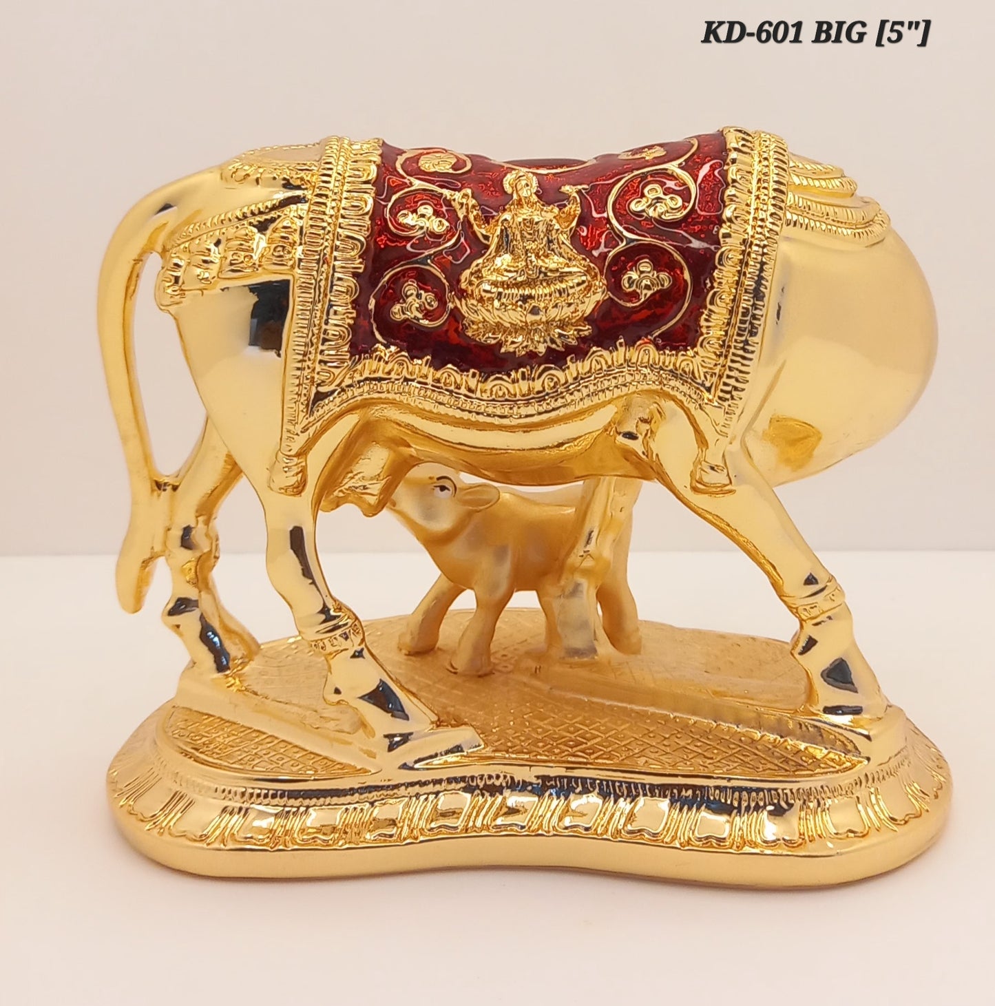 Premium Quality Gold Plated Kamdhenu Cow Calf with Meena Work 5 Inch