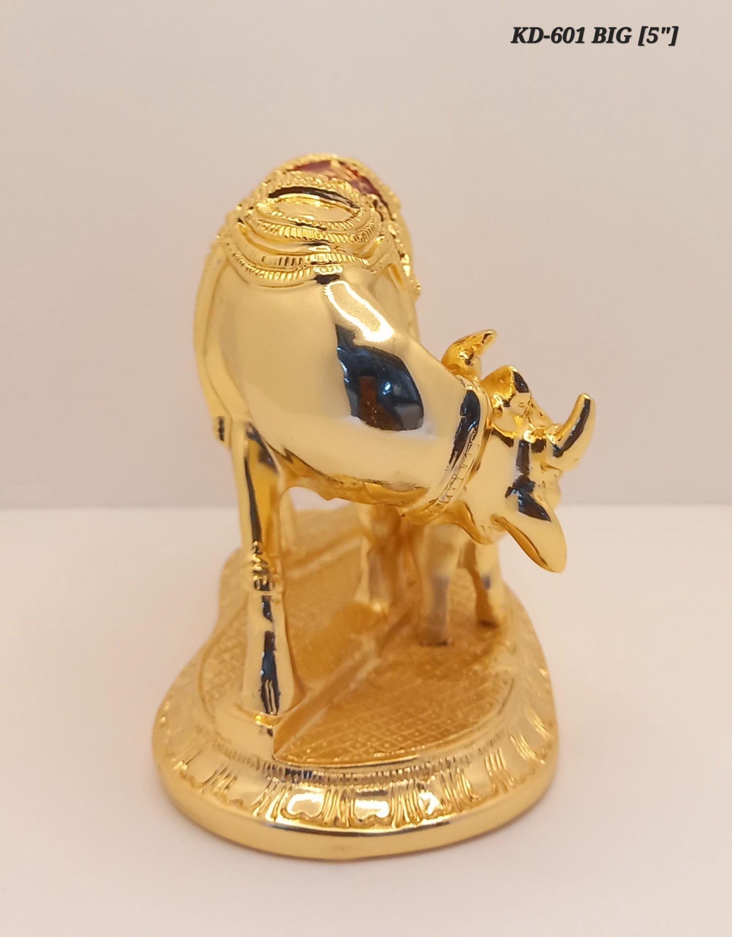 Premium Quality Gold Plated Kamdhenu Cow Calf with Meena Work 5 Inch